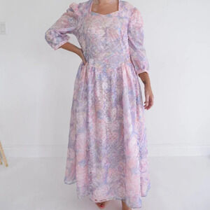 Vintage Pink Purple Lace  Applique Watercolor Puff Sleeve Maxi Dress Fairycore L
